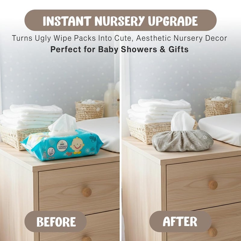 TISU Baby Wipes Cover – Universal Size, One Size Fits All Wipes Packages | Muslin Cotton Tissue Cover for Nursery, Diaper Bag & Changing Table, Station | Gingham & Neutral Patterns (Beige Daisy) - Image 2